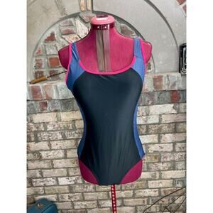 Relibeauty one piece swimsuit color blocked black blue pink racer back